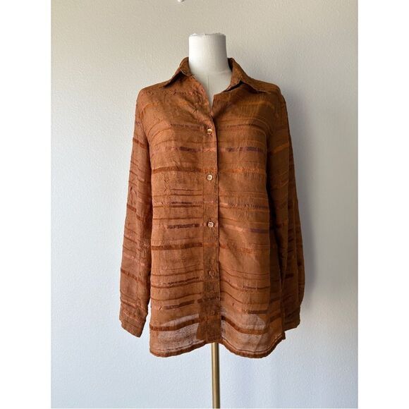 cold water creek burnt orange stripped button front long sleeve - Picture 2 of 5